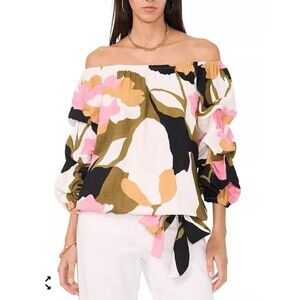 Vince Camuto Floral Print Off Shoulder Bubble Sleeve Tie Front Top XS NWT